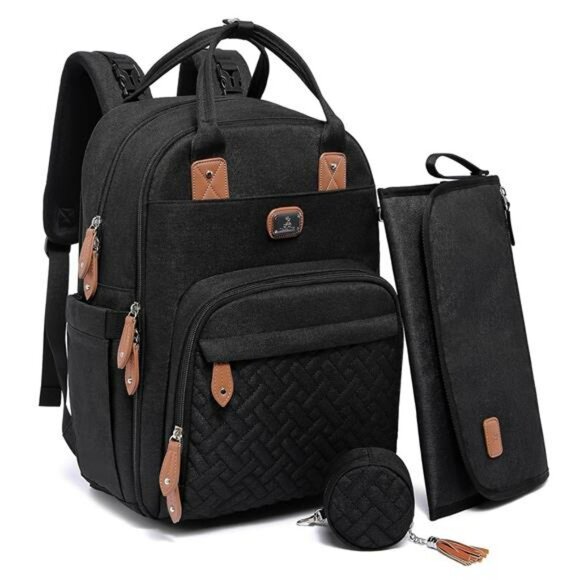 Large Black Diaper Bag Backpack with Changing Pad Pacifier Case Baby Travel Bag - Picture 1 of 7